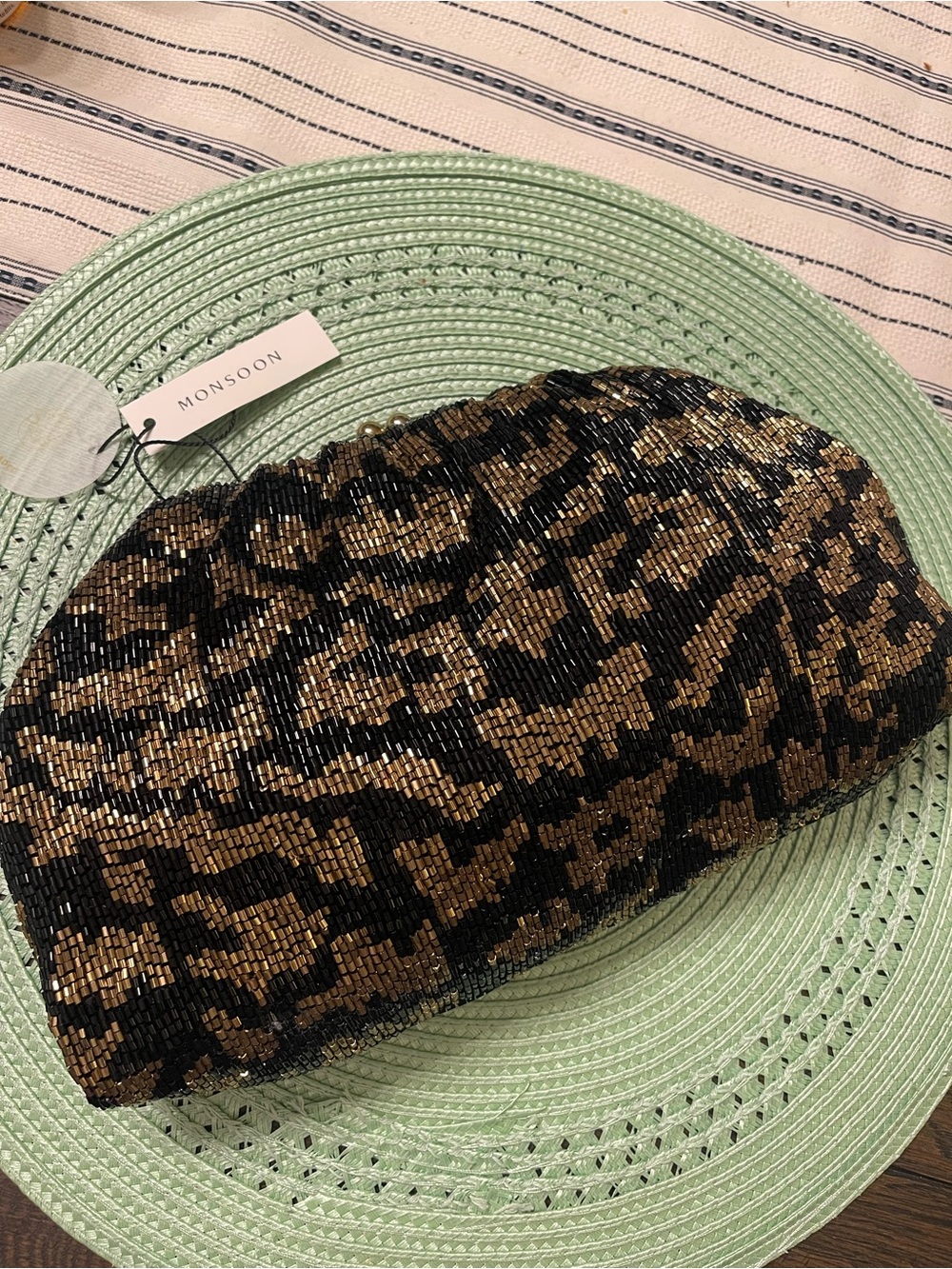 Monsoon Black and Brown Beaded Leopard-Print Clutch